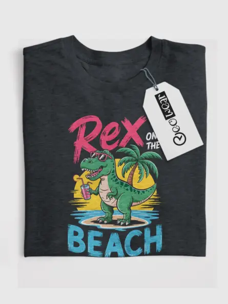 Dark heather front view rex on the beach funny dinosaur beach t-shirt