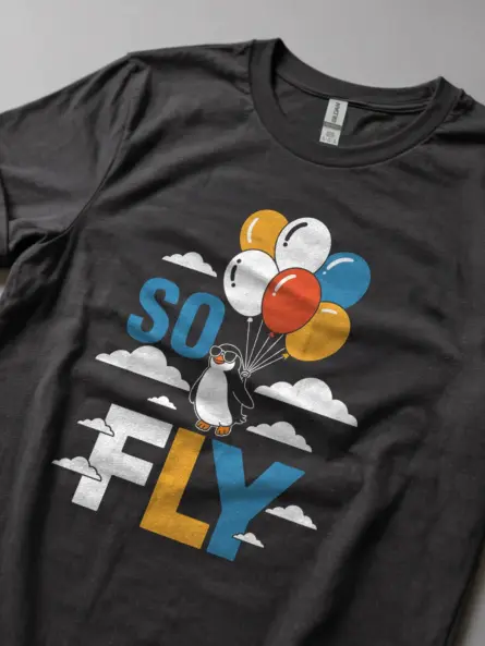 Dark Heather So Fly Penguin Graphic Tee lifestyle – balloon graphic t-shirt