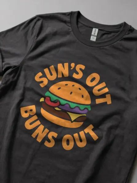 Dark Heather Sun's Out Buns Out Burger Tee front – gag gift tshirt for burger lovers