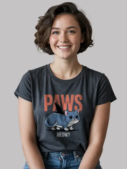 dark heather front view funny cat shark t-shirt cute cat shark fin tee for cat lovers