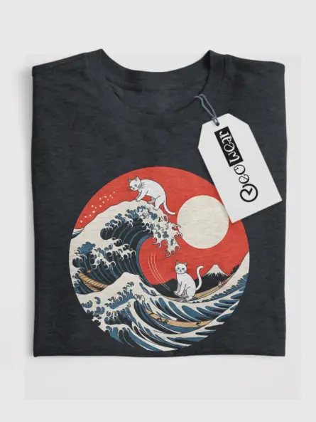 Dark Heather great wave cat t-shirt buy parody hokusai cat wave tee front view
