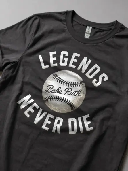 Dark Heather Legends Never Die Baseball T-Shirt classic baseball fan apparel