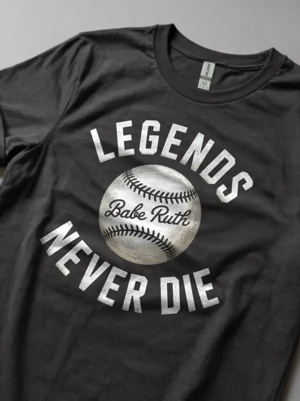 Dark Heather Legends Never Die Baseball T-Shirt classic baseball fan apparel