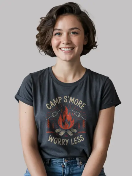 Dark heather lifestyle shot camp s'more worry less t shirt outdoor wear