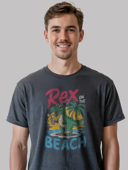 Dark heather rex on the beach funny dinosaur beach t-shirt