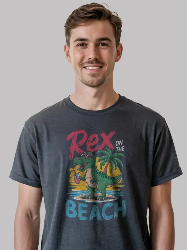 Dark heather rex on the beach funny dinosaur beach t-shirt