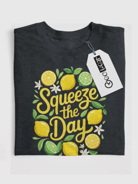 Dark Heather front view Squeeze The Day citrus summer graphic t-shirt