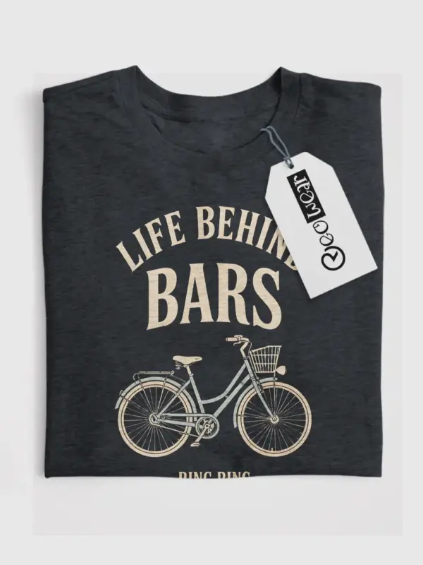 Dark heather vintage bicycle pun t-shirt buy life behind bars cycling shirt front view