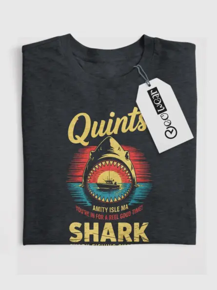 Dark Heather front view Quint's Shark Fishing Charters vintage shark fishing t-shirt
