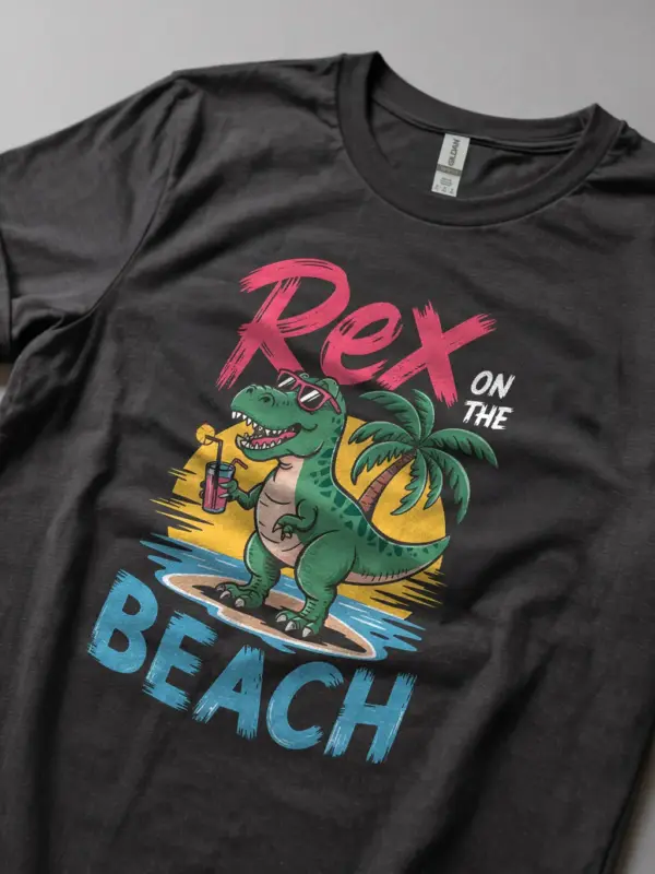 Dark heather lifestyle shot rex on the beach funny dinosaur beach t-shirt