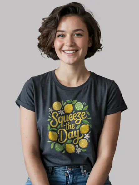 Dark Heather Squeeze The Day citrus summer graphic t-shirt