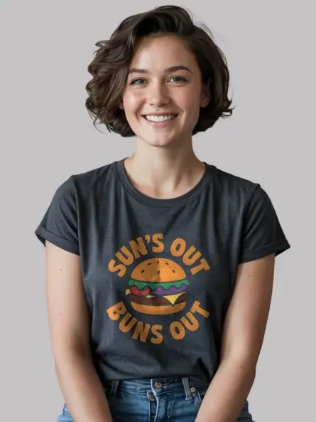 Dark Heather Sun's Out Buns Out Burger Tee – summer novelty t-shirt