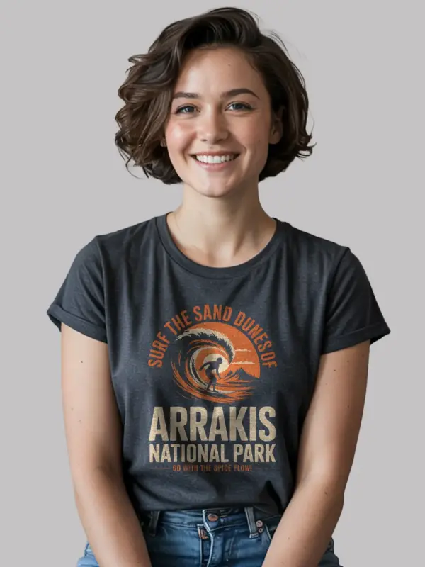 Dark Heather lifestyle shot Surf the Sand vintage desert surf t-shirt