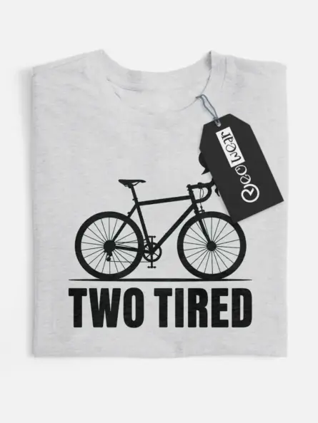 grey flatlay front view two tired funny cycling pun t-shirt