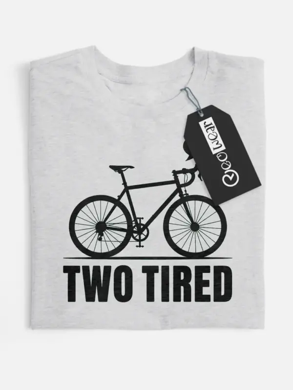 grey flatlay front view two tired funny cycling pun t-shirt