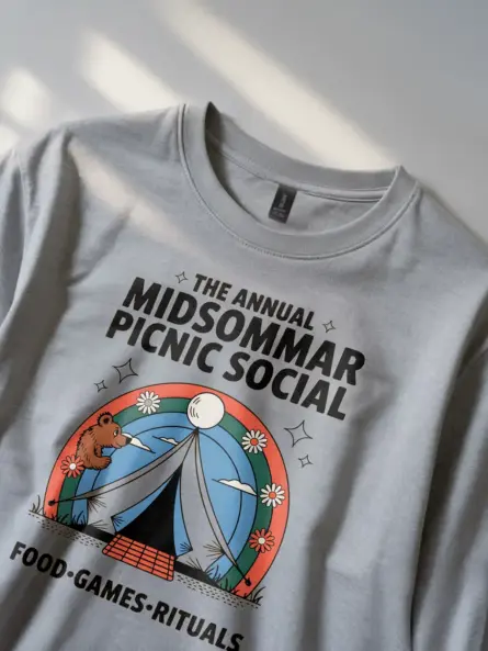 lifestyle shot The Annual Midsommar Picnic Social retro midsommar picnic t-shirt