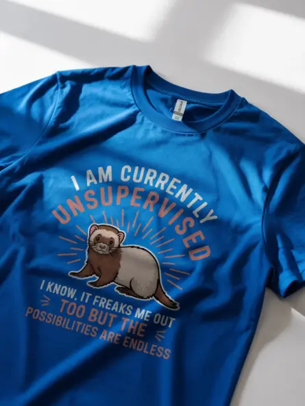 Royal blue unsupervised ferret shirt – quirky ferret t-shirt