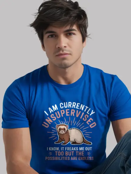 Royal blue unsupervised ferret shirt – quirky ferret t-shirt