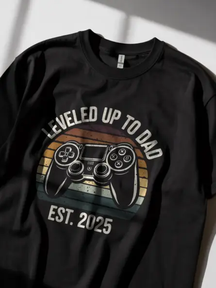 Leveled up to dad tee in black – gamer dad shirt
