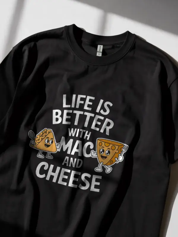 Life is better with mac and cheese shirt in black – funny foodie tee
