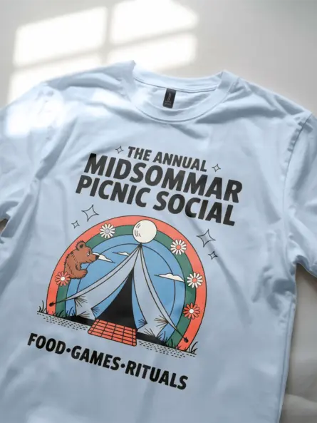 light blue lifestyle shot The Annual Midsommar Picnic Social retro midsommar picnic t-shirt