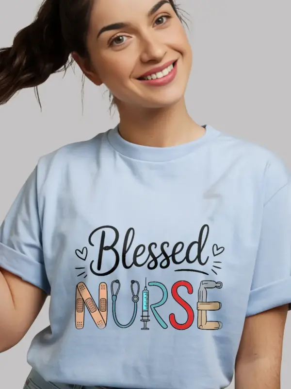 Light blue Blessed Nurse Shirt with Medical Supplies Art