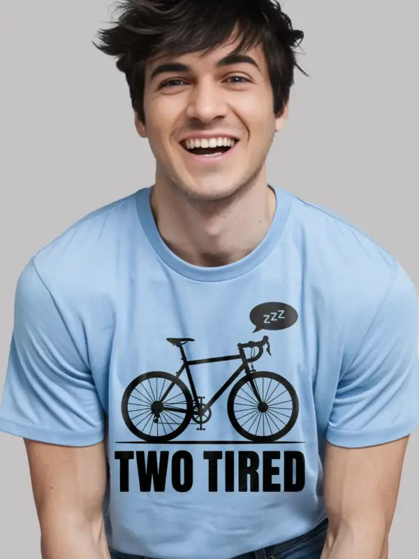 light blue lifestyle image two tired funny cycling pun t-shirt