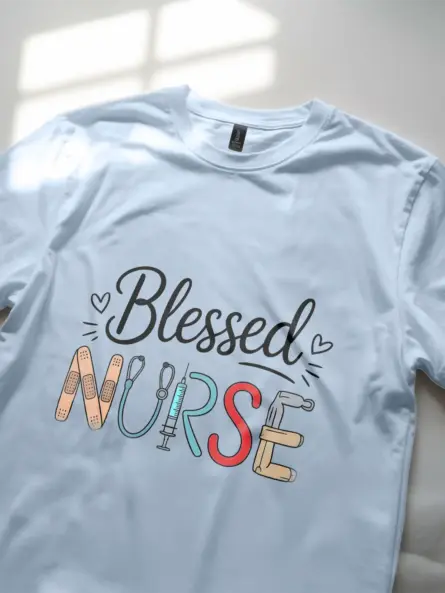 Light blue Lifestyle Shot Blessed Nurse Shirt for Nurse Moms