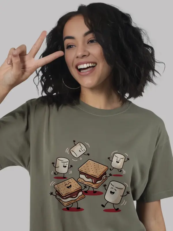 Military green lifestyle image of how s’mores are made t-shirt – camping humor graphic shirt for summer adventures