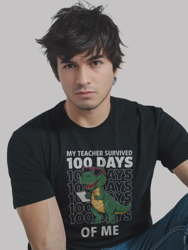 My teacher survived 100 days dinosaur shirt in black – funny 100th day student tee