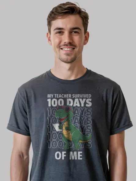 Dark heather dinosaur 100 days shirt – teacher gift tee