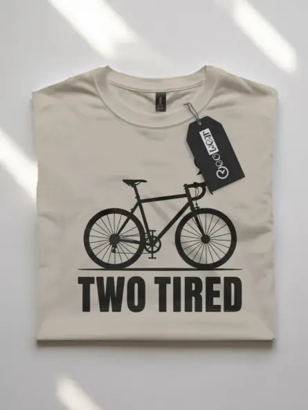natural flatlay front view two tired funny cycling pun t-shirt