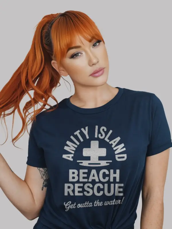 Navy blue vintage beach rescue logo t-shirt s-3xl featuring Amity Island get outta the water text