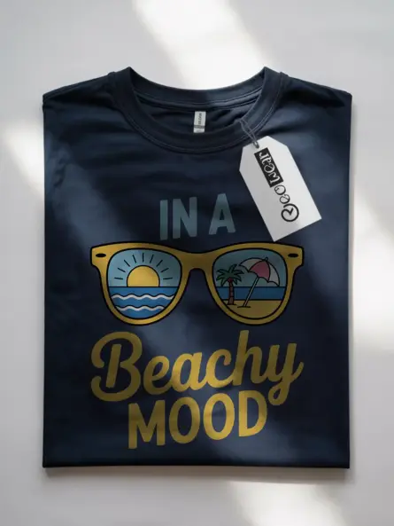 Navy front view of beachy mood t-shirt – vacation sunglasses t-shirt for women with palm tree print