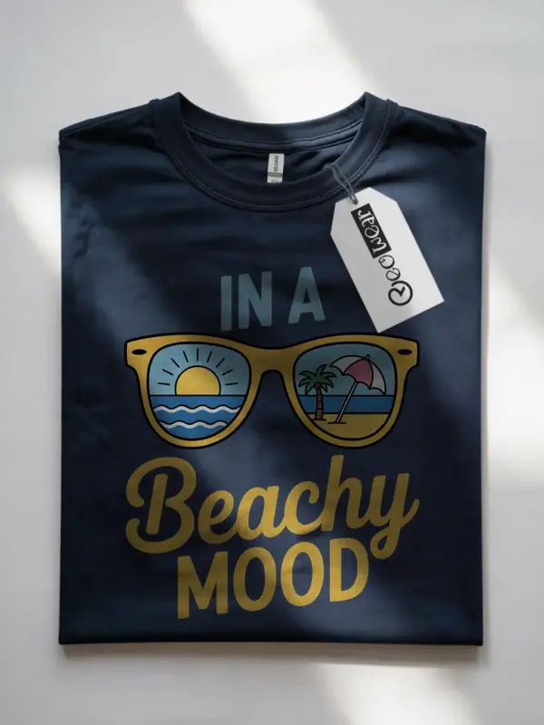 Navy front view of beachy mood t-shirt – vacation sunglasses t-shirt for women with palm tree print