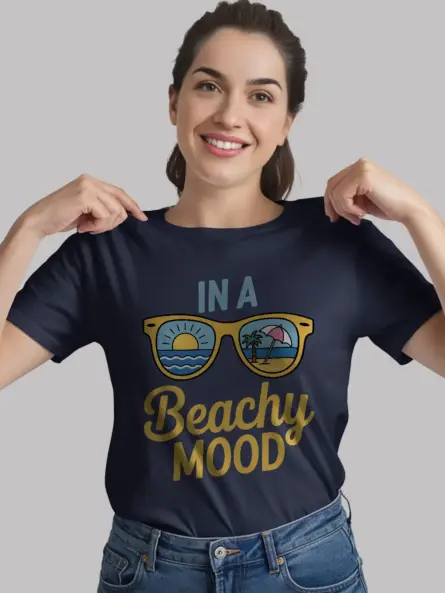 Navy lifestyle shot of beachy mood t-shirt – summer beach mood graphic tee for ocean lovers