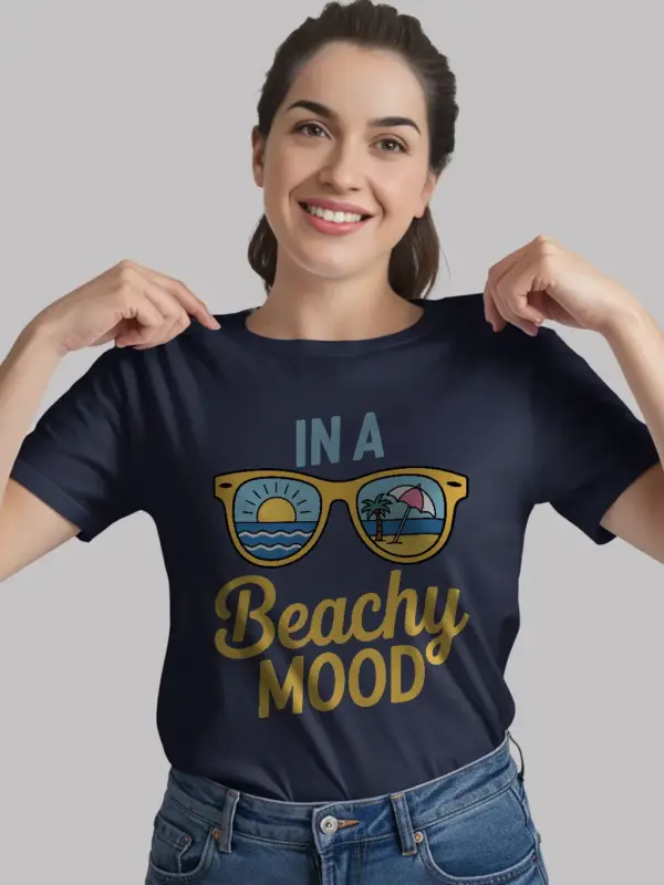 Navy lifestyle shot of beachy mood t-shirt – summer beach mood graphic tee for ocean lovers