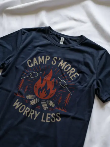 Navy camp s'more worry less t shirt minimalist campfire graphic