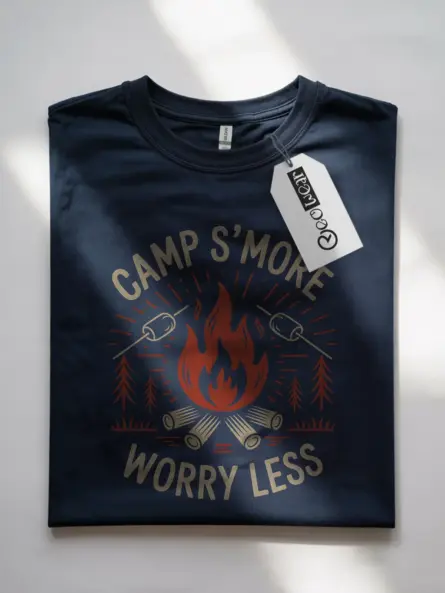 Navy front view camp s'more worry less t shirt minimalist campfire graphic