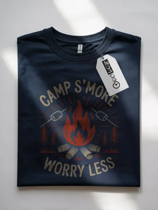 Navy front view camp s'more worry less t shirt minimalist campfire graphic