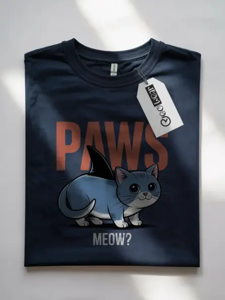 navy front view funny cat shark t-shirt cute cat shark fin tee for cat lovers