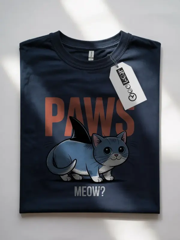 navy front view funny cat shark t-shirt cute cat shark fin tee for cat lovers