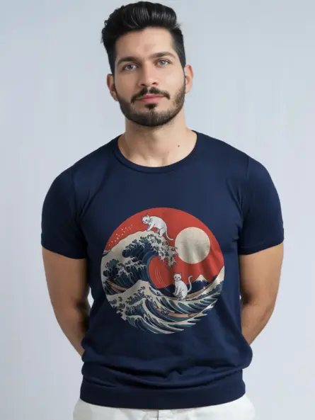 Navy great wave cat t-shirt unique cat and wave graphic tee for adults