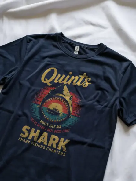 Navy back view Quint's Shark Fishing Charters vintage shark fishing t-shirt