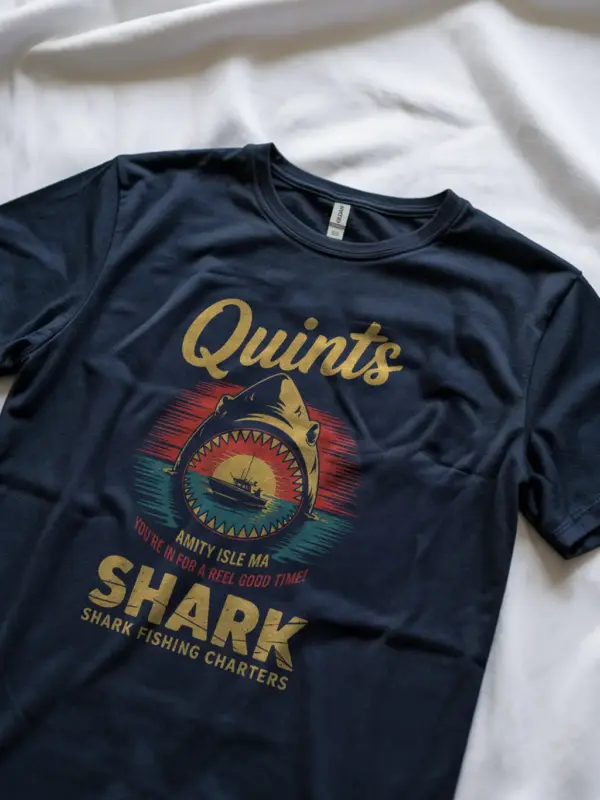 Navy back view Quint's Shark Fishing Charters vintage shark fishing t-shirt