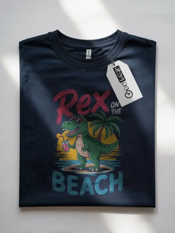 Navy front view rex on the beach funny dinosaur beach t-shirt