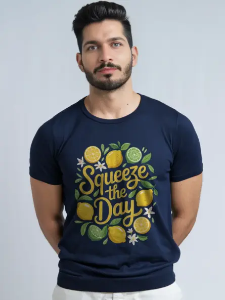 Navy lifestyle shot Squeeze The Day citrus summer graphic t-shirt