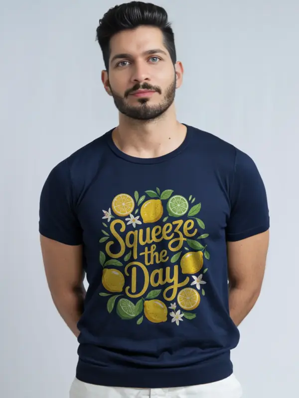 Navy lifestyle shot Squeeze The Day citrus summer graphic t-shirt