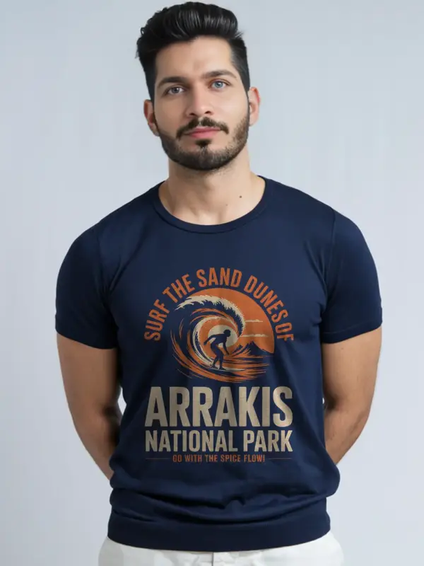 Navy lifestyle shot Surf the Sand vintage desert surf t-shirt