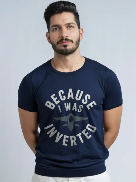 Navy front view — top gun inspired inverted plane t-shirt with gray jet silhouette